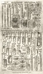 Produksjon av Adolphe (Adolph) Sax, oppfinneren av saksofonen (1814-1894). Gravering i "The Illustrious Universe" fra 1867.
