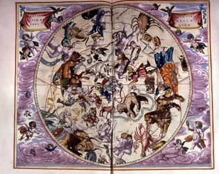 Kart over himmelen og dyrekretsen - faksimile av en gammel komposisjon som representerer stjernebildene på den nordlige himmelen, ifølge "Harmonia Macrocosmica" av André Cellarius