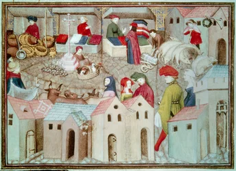 Marche de Champeaux i Paris Betail- og fjærfeforhandlere, drapere. Miniatyr hentet fra «The Wandering Knight» av Thomas de Saluces (Tommaso III di Saluzzo), ca. 1403-1404. Paris, B.N.