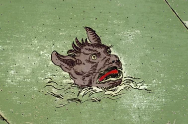 Marinemonster med hodet til demonen. detalj av et kart over atlaset til Urbano Monte