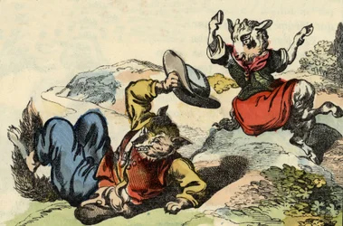 Mesterreven leker med lille geit. Illustrasjon av historien "Bon medor og Lille Chevrette"". I "" Fortellinger fra hjemmet for de minste"". Anonym gravering fra 1800-tallet.
