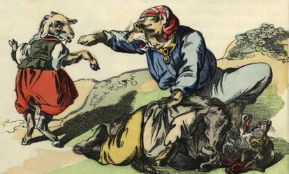Medor redder Little Chef fra ulven. Illustrasjon av historien "Bon medor og Lille Chevrette"". I "" Fortellinger fra hjemmet for de minste"". Anonym gravering fra 1800-tallet.