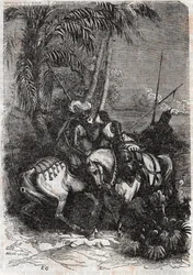 Meeting of Marphise (Marfisa), Astolphe (Astolfo) and Sansonnet (Sansonetto) - engraving of 1851 from “” Roland furieux” (Orlando furioso) (16th century) by Ludovico Ariosto, known as the Ariosta - Edition translated from Italian by the Count of Tressan an