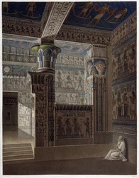 Memnonium Thebes, pl 37: Fargerik interiørperspektivvisning av tempelet i vest - i "" Egyptian Antiquites"", sd. 1800-tallet