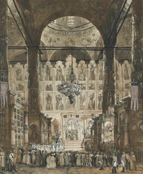 ""Messe ved Dormition-katedralen i Moskva Kreml, Russland"" (Messe ved Dormition-katedralen i Moskva Kreml) Anonym gouache ca. 1850 Privat samling