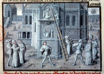 Middelalder: bygging av gotiske katedraler. Skulptører som jobber med relieffer på en skala. Miniatyr fra et manuskript. Paris fra 1400-tallet, B.N.