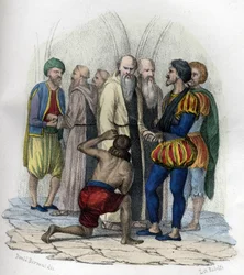 Miguel de Cervantes (1547-1616), spansk forfatter, tatt til fange i Alger i 1575. i «Ancient and Modern Algeria» av Léon Galibert. Italiensk utgave i 1846 farge.