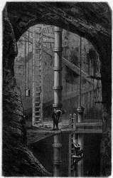 Miners inside a tin mine in Cornwall, England. Engraving in the journal “” La jeunesse””