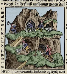 Gruver på 1400-tallet. Gravering fra Johann Stumpffs "Den Edlen Strength Besten Fromen". begynnelsen av 1500-tallet.