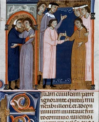 Miniatyrforlovelsesseremoni hentet fra "Decret de Gratien" ("Concordia discordantintium canonum" eller "Decretum Gratiani") fra 1140 og regulerer lovene og kanonene til den romersk-katolske kirke. Cesena fra 1300-tallet