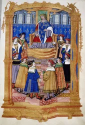 Miniatyr fra 1400- eller 1500-tallet som viser Ludvig XI (1423-1483) og ridderne av St. Mikaels orden.