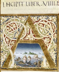 Miniatyr som representerer sirener. Bokstaven "" A"" - i "" Naturalis Historiae"" av Plinius den eldste (23 - 79), red. 1480.Victoria & Albert bibliotek