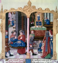 Mirakler fra Saint Louis: Kong Ludvig IX (1214-1270) kjempet mot en lammet. Miniatyr fra et manuskript "The Book of Facts Monsignor Saint Louis"" 1400-tallet. Paris, B.N