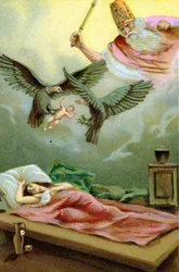 Mirakuløs fødsel av Zarathustra (Zarathushtra, Zarathustra, Zarathustra eller Zoroastrian), iransk profet og religiøs reformator (6. århundre f.Kr.). kromolitografi fra 1800-tallet.