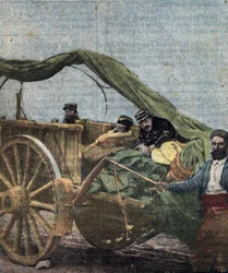 Marokkansk felttog: Offiserer français velsignes fraktet til sykehuset, juni 1912 (Fransk erobring av Marokko: Franske soldater såret juni 1912) Illustrasjon fra «Le pelerin» 14/07/1912 Privatsamling