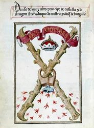 Motto for hertugene av Burgund. Manuskriptside hentet fra "" Collection of devotion of Queen Joan the Folle (1479-1555) of Spain"" av Pedro Marcuello ("Devotional of Queen Da Juana who was called the Madwoman") Chantilly fra 1400-tallet, Musee Conde