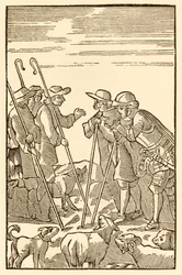 Mountain Delectable de nå bestiger fra The Pilgrims Progress From This World, To That Who Is To Come av John Bunyan (1628-1688) Christian and Hopeful meet the Shepherds: Knowledge, Experience, Wat