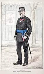 Mr. Roudil, fredsoffiser i biltjenesten. Etsning i farger, for illustrasjon "" History of the corps of peacekeepers""" bok utgitt i regi av Louis Lepine (1846-1933), prefekt for politiet på Seinen, av Alfred Rey (1864-?) og Lo