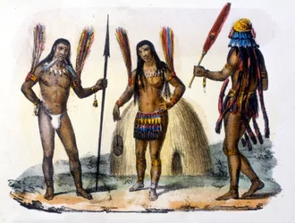 Mundrucu og Jivaros indianere i Ecuador. Gravering 1846-48.