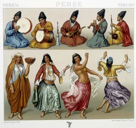 Musikere og dansere i Persia - i "" Den historiske drakten"" av Racinet