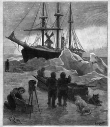 Nansens polare leteskip Fram fanget i isen - gravering fra Rapporten fra Fram-ekspedisjonen 1893-1896, av Fridtjof Nansen (1861-1930).