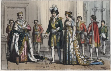 Napoleon Bonaparte (1769-1821), som konge av Italia - visekonge (visekonge) - en visekonges kone - Butler - Lord Chamberlain - Page-boy - equerry - seremonimester - gravering fra "" Skikker og skikker for alle folk i universet. Eller regjeringens historie,
