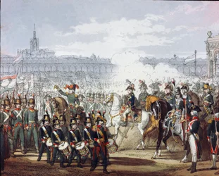Napoleon Bonaparte (1769-1821) gjennomgår den lombardiske og cispadanske legionen av militsen på 09.07.1797 Akvarellgravering. Milano, Museo del Risorgimento