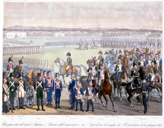 Napoleon Bonaparte anmeldte den italienske og polske militsen i Montechiaro i 1805. Gravering fra 1845