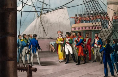Napoleon setter sin lit til britisk hederlighet - Napoleon Bonaparte om bord på Bellerophon, det britiske skipet som førte ham i eksil på St. Helena (St. Helena) den 15. juli 1815 - Napoleon den store, som overgir seg til den britiske nasjonens storsinn