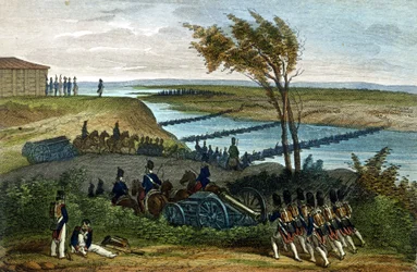 Napoleonskrigen: Russisk kampanje. Passasje av elven Niemen (Dnjemen) 24.06.1812, som skiller de to imperiene. Gravering fra 1800-tallet.