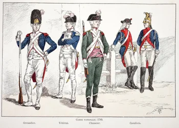 Nasjonalgarden i 1789, fra venstre mot høyre: grenaderen, veteranen, jegeren og rytterne. Fargeetsning til illustrasjon av boken «Historien om fredsvokternes korps», utgitt under Louis Lépines (1846-1933) auspisier, pre