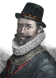 Sjøforsvaret og kommandør Sir John Hawkins (1532-1595) - Portrett av Sir John Hawkins (Hawkyns) (1532-1595), engelsk admiral, skipsbygger, navigatør og slavehandler. Gravering fra 1800-tallet.