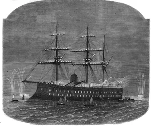 Flåteilluminasjon i havnen i Spithead under den egyptiske sultan Ismail Pasjas (1830-1895) reise til England. Stikk i «L