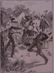 Ned Kelly dreper politikonstabel Lonigan ved Stringybark Creek i 1878 (gravering)