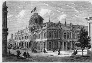 Ny handelsdomstol i Paris Quai de Corse (tidligere Quai Desaix) på Ile de la Cite, bygget i henhold til planene til arkitekten Antoine Nicolas Louis Bailly (1810-1892) med avtale fra prefet Georges Eugene Haussmann (Baron Haussmann)