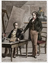 Niepce leser for Louis Daguerre i beskrivelsen av heliografi, for fiksering av bilder fra camera obscura - Nicephore Niepce (1765-1833), fransk oppfinner, pioner innen fotografi som leser for Daguerre beskrivelsen av metoden hans for fiksering av i