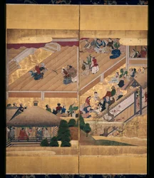 Noh Play: Funa Benkei (blekk, farger og gull på papir, skjerm med seks paneler)