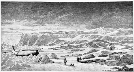 Nordpolen: Igloer og isbryterbåt (Ice Breeze), tegning, våren 1873.