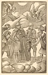 Se nå, se hvordan de hellige pilegrimene rir, skyer er deres vogner, engler er deres veivisere, fra «Pilegrimens vandring fra denne verden til den kommende» av John Bunyan (1628-1688), Christian og