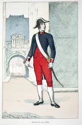 Fredsoffiser (1802). Etsning i farger, for illustrasjon "" History of the corps of peacekeepers""" bok utgitt i regi av Louis Lepine (1846-1933), prefekt for politiet på Seinen, av Alfred Rey (1864-?) og Louis Feron (1862) -?),