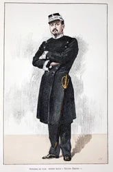 Fredsoffiser, Small Second Empire Dress (1852-1870). Etsning i farger, for illustrasjon "" History of the Corps of Peacekeepers""" bok utgitt i regi av Louis Lepine (1846-1933), prefekt for politiet på Seinen, av Alfred Rey (186)