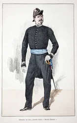 Fredsoffiser, Great Second Empire (1852-1870). Etsning i farger, for illustrasjon "History of the Corps of Peacekeepers""" bok utgitt i regi av Louis Lepine (1846-1933), prefekt for politiet på Seinen, av Alfred Rey (1864-