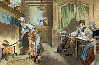 Old custom celebrated in the Berry region: candlestick pancakes. Chromolithography of the late 19th century.