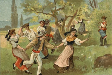 Gammel skikk feiret i Provence-regionen: Farandole for høstingsfestivaler for silkeorm. Kromolitografi fra slutten av 1800-tallet.