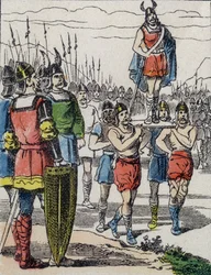 Da Childeric I døde, ble sønnen Clovis valgt til konge av Salians Francs som bar ham på bolverket mens han turnerte i leiren (gravering)