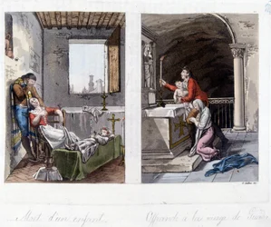 Til venstre, et barns død og foreldrenes tristhet. Til høyre, et tilbud til jomfruen til Guada Lupa. Litografi fra 1800-tallet