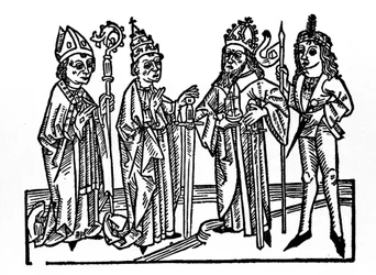 Til venstre: biskopen, paven, keiseren og den adelige rytteren. De viktigste representantene for de sosiale klassene i den føydale epoken. Gravering fra “Leben der Heiligen - sommerteil” (Helgenboken) av Jacobus (James) av Voragine (1228-1298). Lu