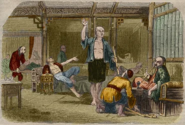 Opiumsrøykere i Kina på midten av 1800-tallet. Gravering fra 1857 i "" Le Musee Des Sciences""