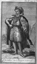 Ridderordener. Knight of the Dragon Flips. I "" Historien om militære ordrer eller riddere, om sikre og rutinemessige militser av begge kjønn, som har blitt etablert så langt. Utgave hentet fra Abbe Giustiniani, R.P.Bonani, M. Herman, Schoonebeek, R.P.