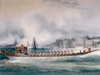 Det osmanske riket: "" Representasjon av sultanens båt på Bosporos i Istanbul"" Ciragan-palasset er synlig. Detalj. Maleri fra slutten av 1800-tallet. Istanbul, Sjøfartsmuseet